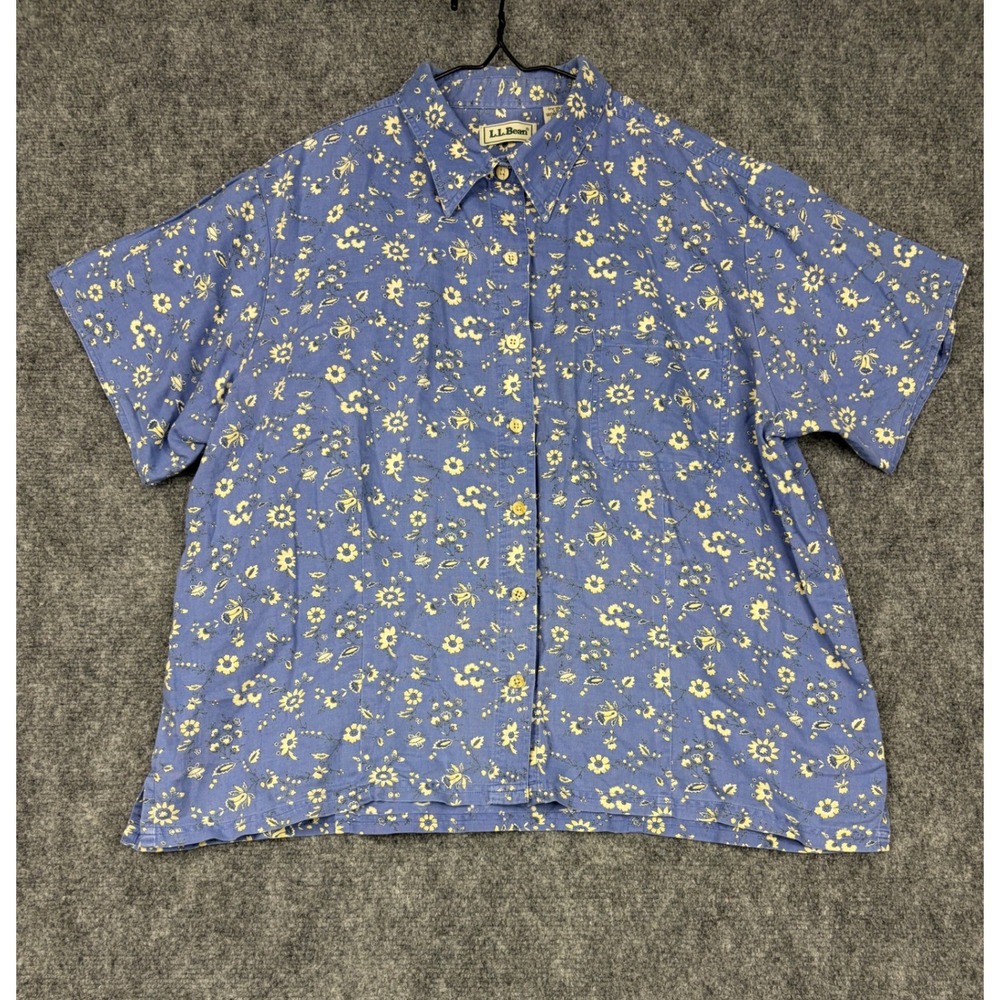 LL Bean Womens Large Blue Floral Linen Cotton Short Sleeve Button Down Shirt